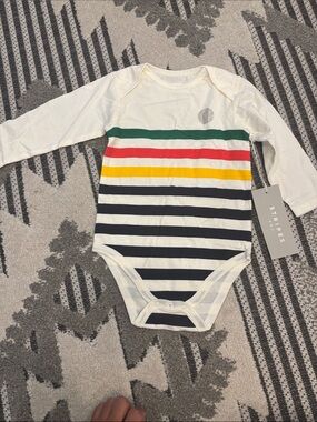 HBC Striped Long-Sleeve One-Piece Bodysuit in Cream with Green, Red, Yellow